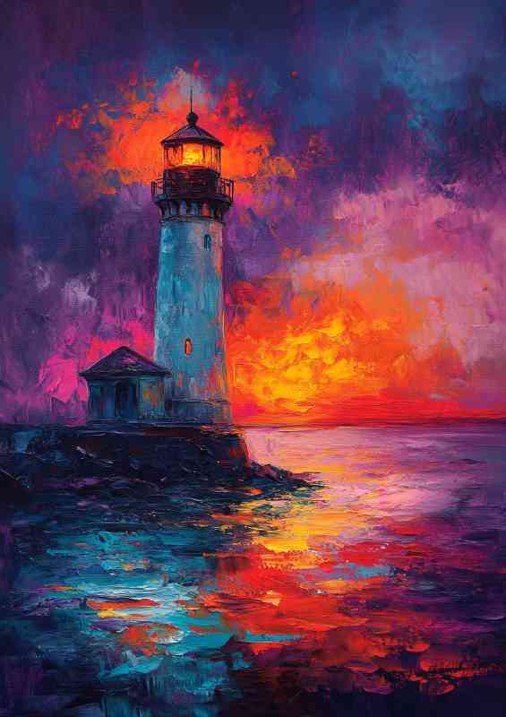 Lighthouse shines its light on the night sea a beautiful | Poster