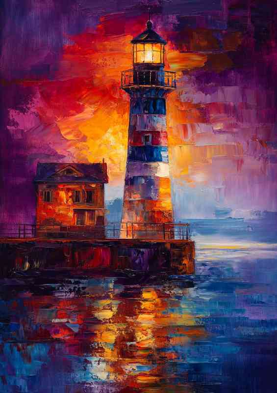 Lighthouse shines its light on the night sea colourful | Canvas