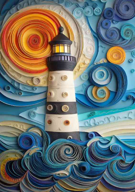 Paper quilling and kirigami create a stunning lighthose orange sun | Metal Poster