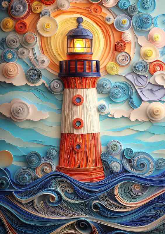 Paper quilling and kirigami create a stunning lighthouse colourful detail | Metal Poster