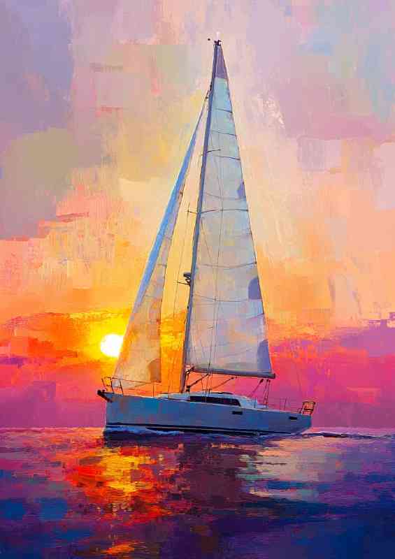 Sailboat with sails sailing on the sea at sunset | Poster