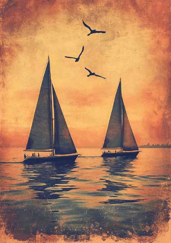 Sailboats on the water with birds flying overhead | Metal Poster
