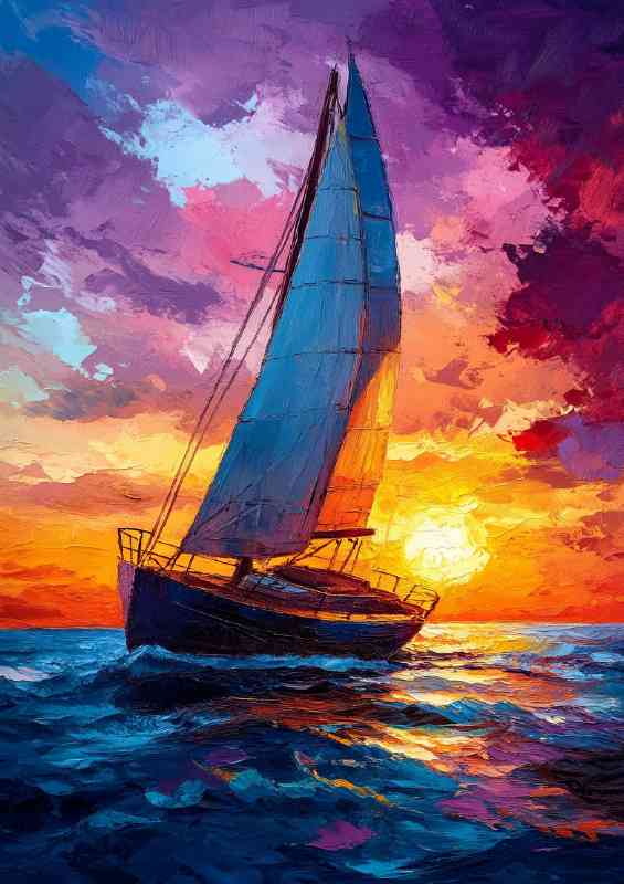 Sailing boat in the sea sunset sky oil painting | Di-Bond
