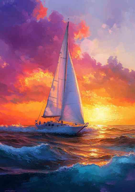 Sailing boat in the sea sunset sky oil painting crashing waves | Poster
