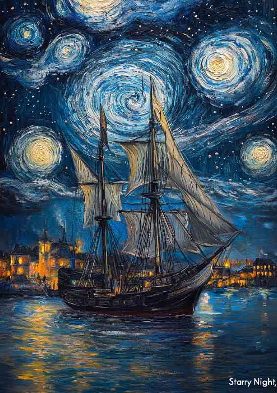 Ship with sails painted in the style of gough | Metal Poster