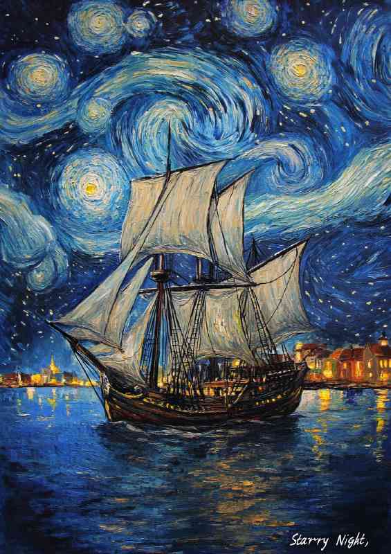 Ship with sails painted in the style of starry night | Poster