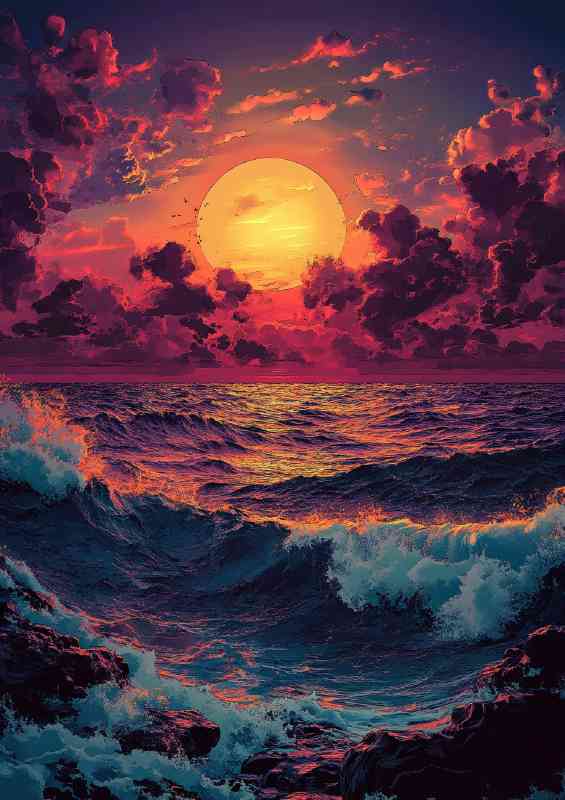 Sunset over the ocean with clouds and crashing waves | Metal Poster