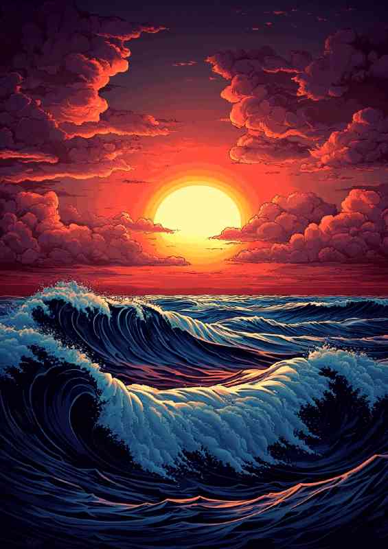 Sunset over the ocean with clouds and waves | Canvas