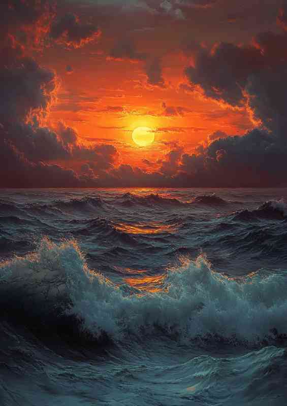 Sunset over the ocean with clouds and waves crashing | Metal Poster