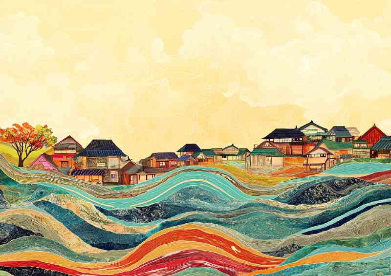 Art piece depicting an abstract town and sea | Metal Poster