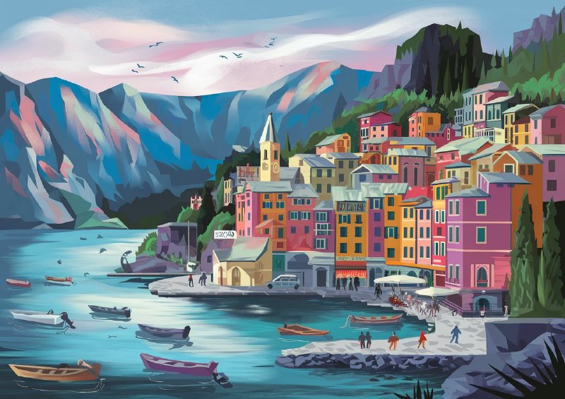 Coastal town nestled between towering mountans | Di-Bond
