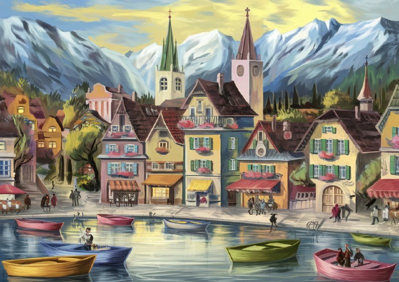 Picturesque market town nestled between towerig mountains | Poster