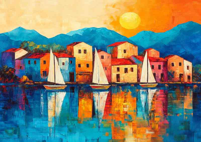 Sailboats on the lake a small town in front of blue mountains | Di-Bond