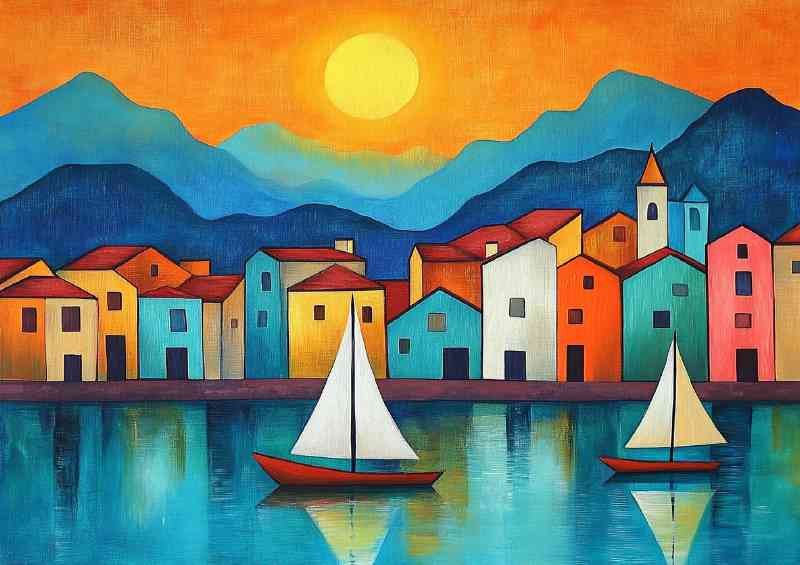 Sailboats on the lake a small town in front of the yellow sun | Metal Poster