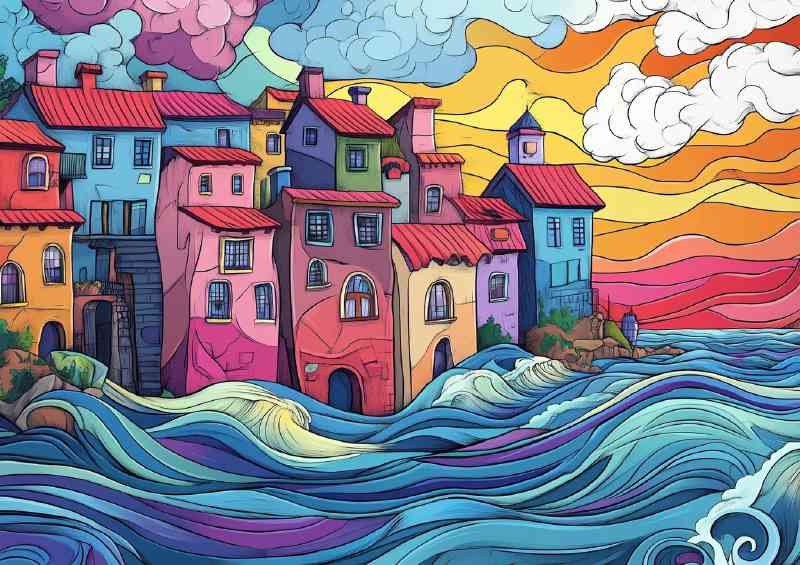 Village by the sea with crashing waves and water flow lines | Di-Bond