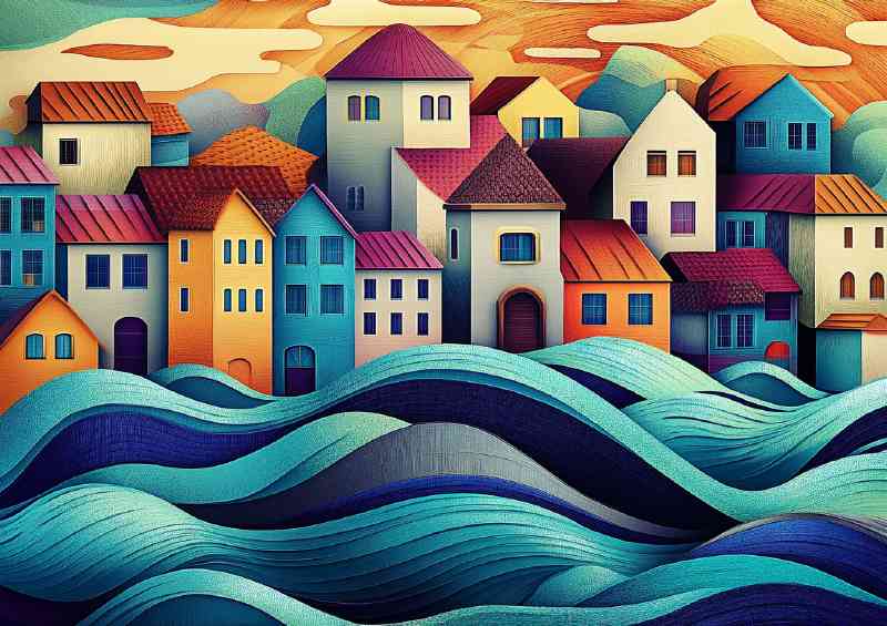 Village by the sea with waves and water flow lines | Canvas