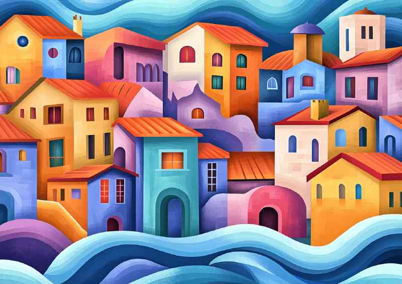 Village by the sea with waves and water flow lines bright vivid colours | Poster