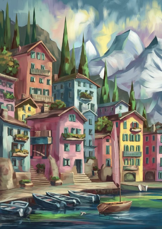 Coastal town nestled between lush green hils | Poster