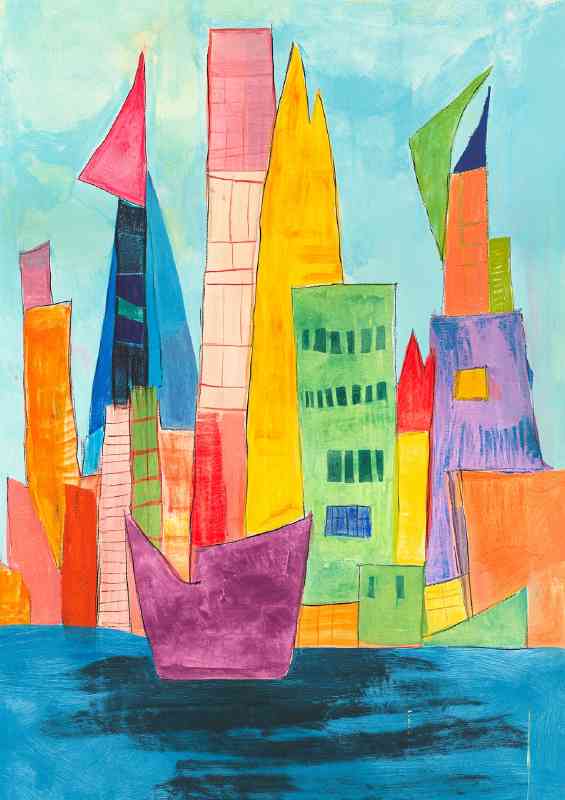 Colorful abstract modern sailing in the colourful city | Metal Poster