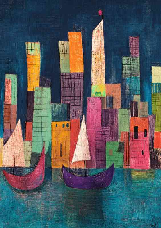 Colorful abstract modern sailing boats in the city | Poster
