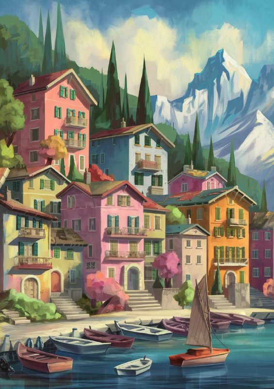 Picturesque coastal town nestled between lush green mountains | Canvas