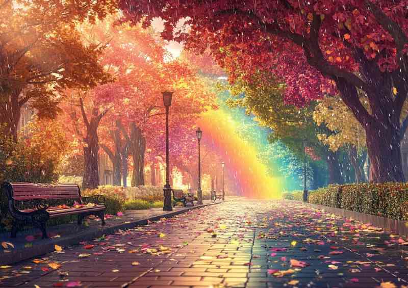 A beautiful colorful street with trees and leaves falling | Canvas