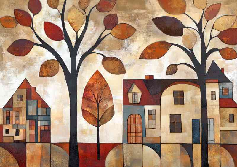 An abstract cubist painting depicting trees and house | Metal Poster