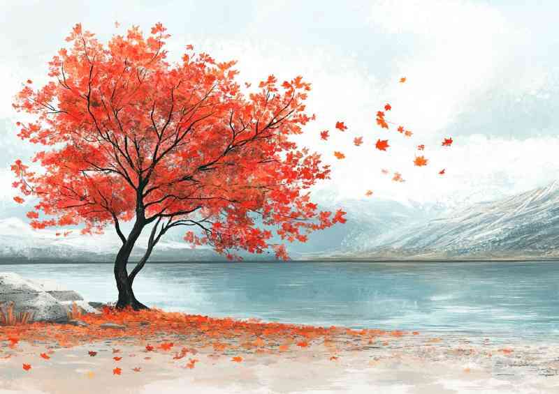 Autumn maple tree by the lake | Metal Poster
