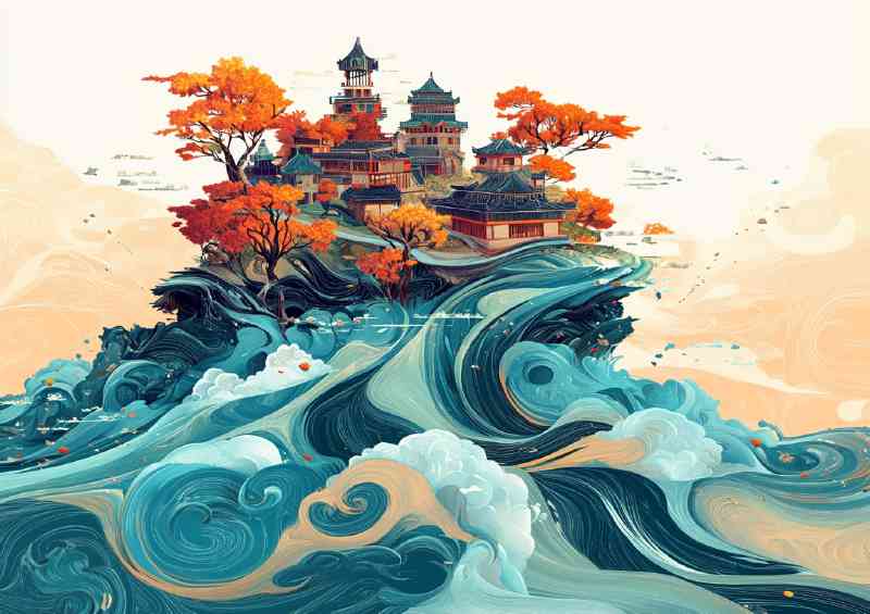 Illustration of an island with houses and trees | Metal Poster