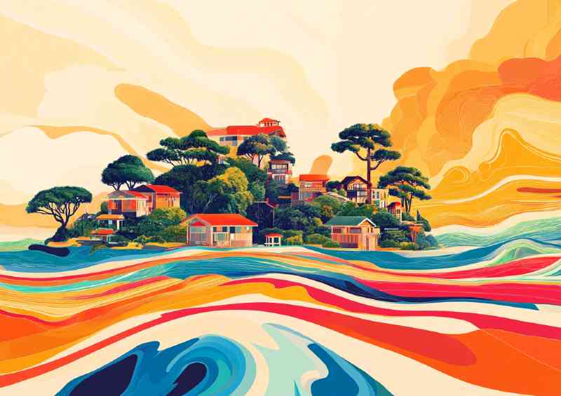 Island with houses and trees | Metal Poster