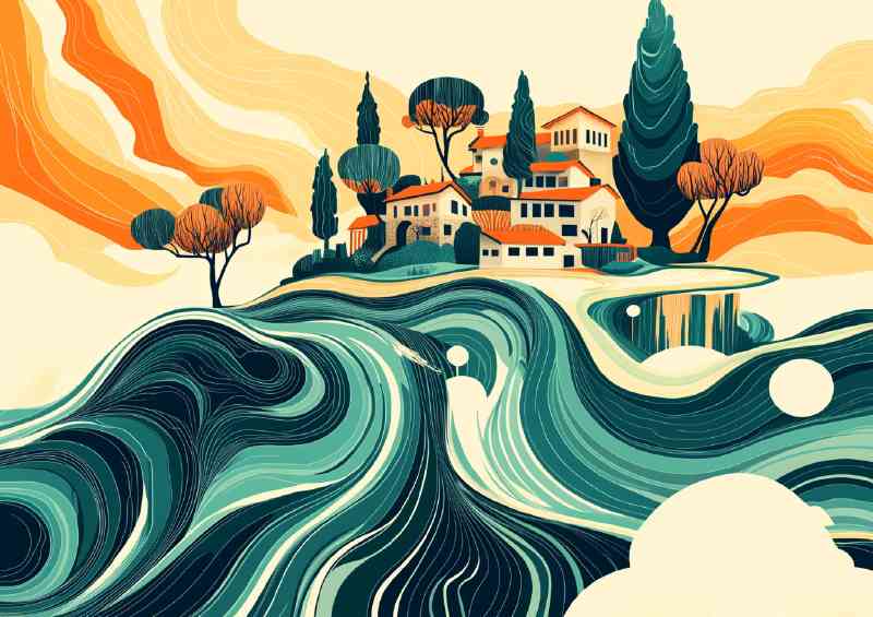 Island with houses and trees sun | Di-Bond