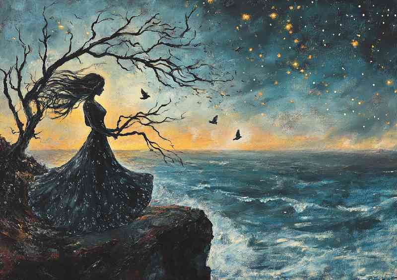 Woman in a long dress stands on a cliff the wind blowing | Di-Bond