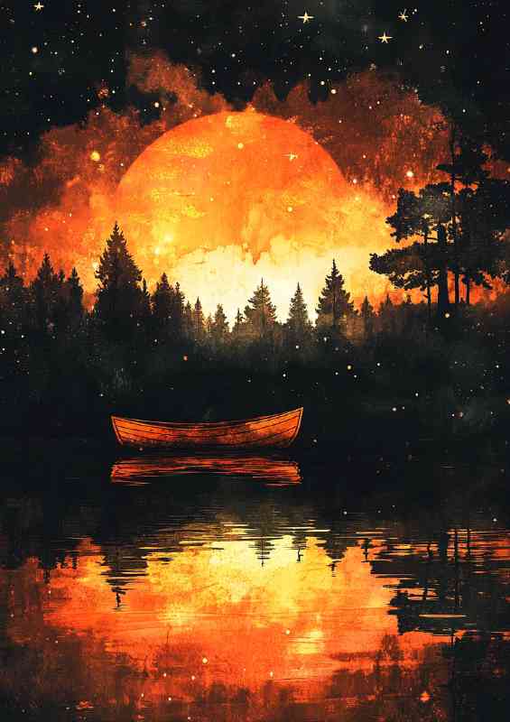 A boat on the water in front of an orange and black sea | Poster