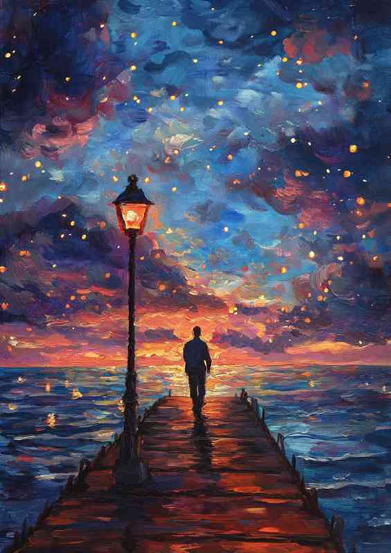 A painting of an oil painting of a man walking on a pier | Poster