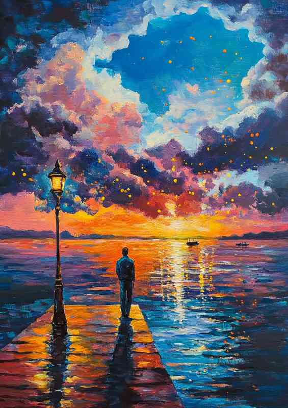 A painting of an oil painting of a man walking on a pier during sunset | Metal Poster