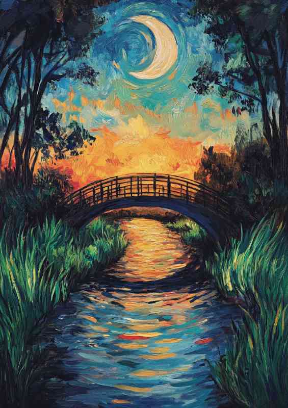 A small bridge over the river surrounded by lush grass | Canvas