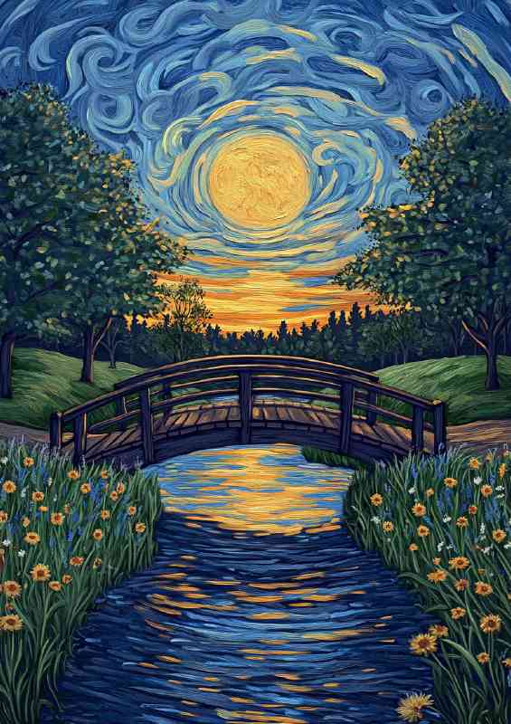 Bridge over the river surrounded by trees and grass | Canvas