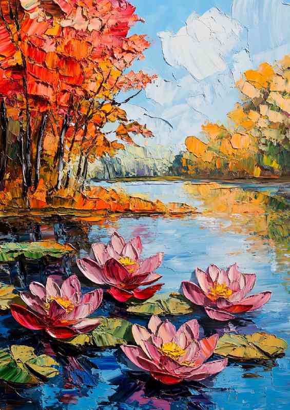 Colorful lotus flowers and leaves floating on the lake | Poster