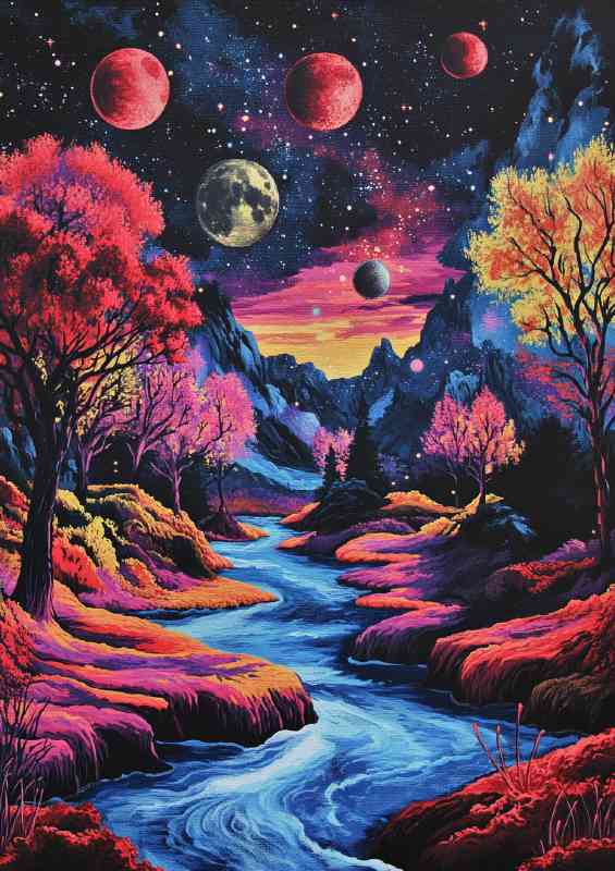 Landscape of vibrant colors featuring flowing live river | Canvas