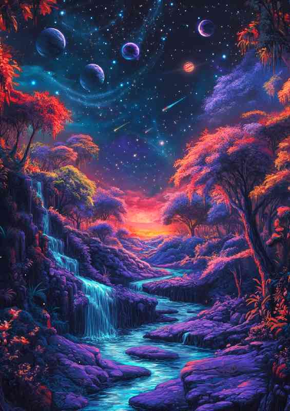 Landscape of vibrant colors featuring flowing waterfalls and rivers | Canvas