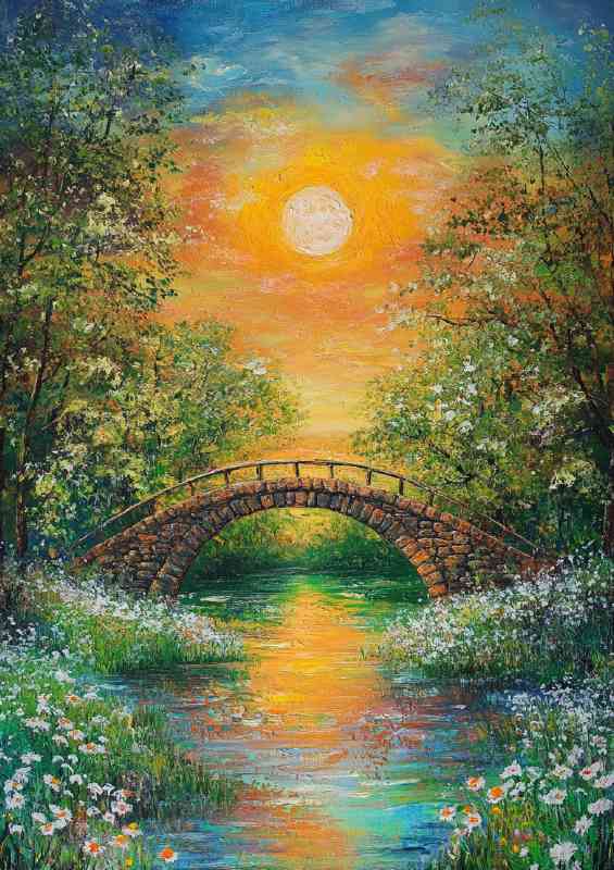 Painting of an old bridge over the river a beautiful | Di-Bond