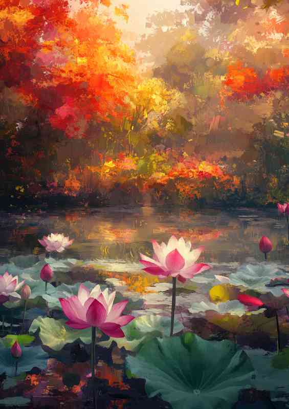 Pond full of colorful lotus flowers with autumn sunlight | Poster