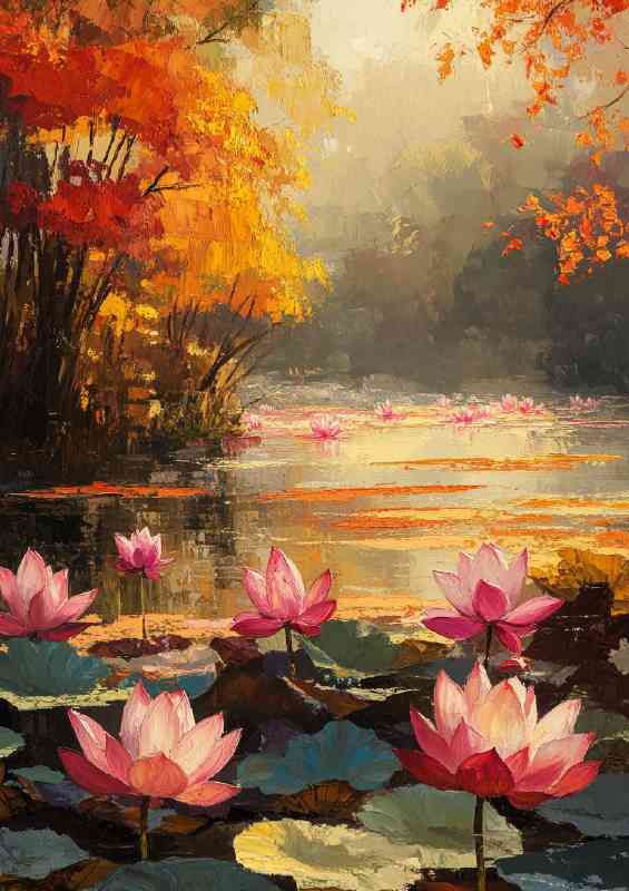 Pond full of colorful lotus flowers with sunlight | Poster