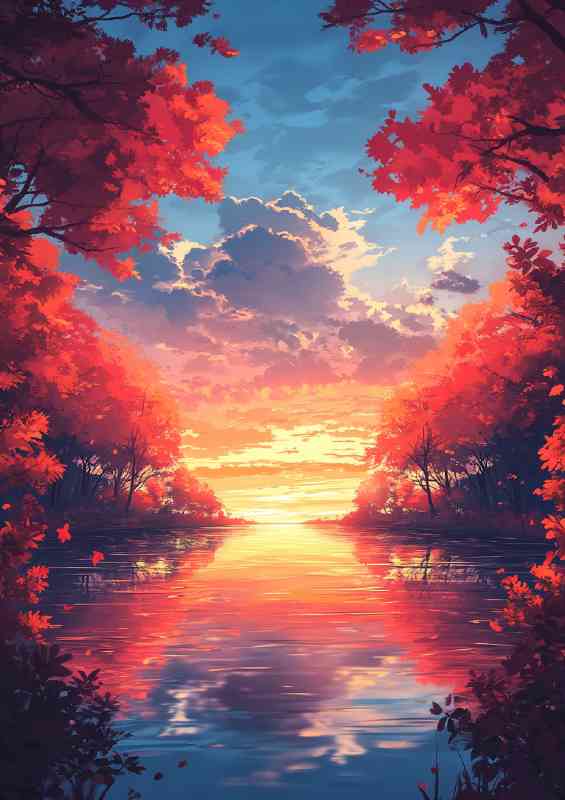 The sky is blue and orange yellow with trees | Canvas