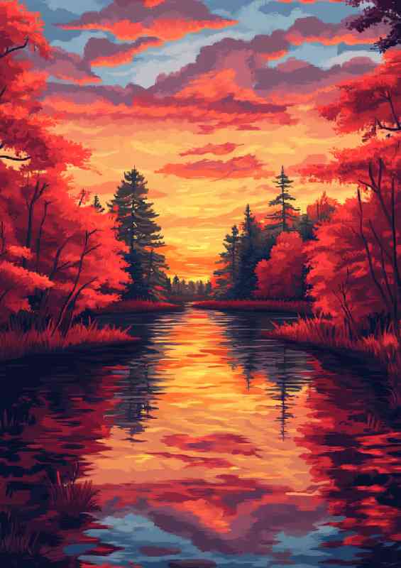 The sky is red orange and yellow with trees | Poster