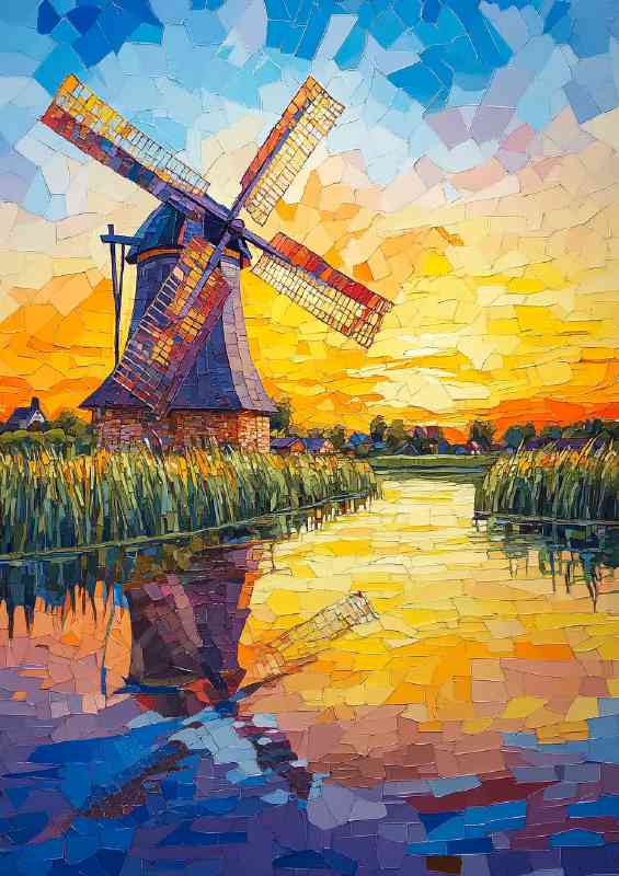 The windmill is located by the river with a colorful | Metal Poster