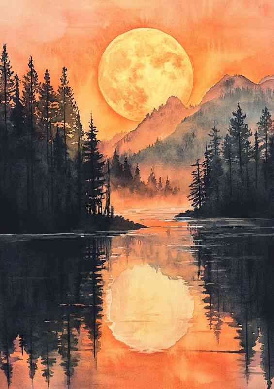 Watercolor painting of the full moon rising | Poster