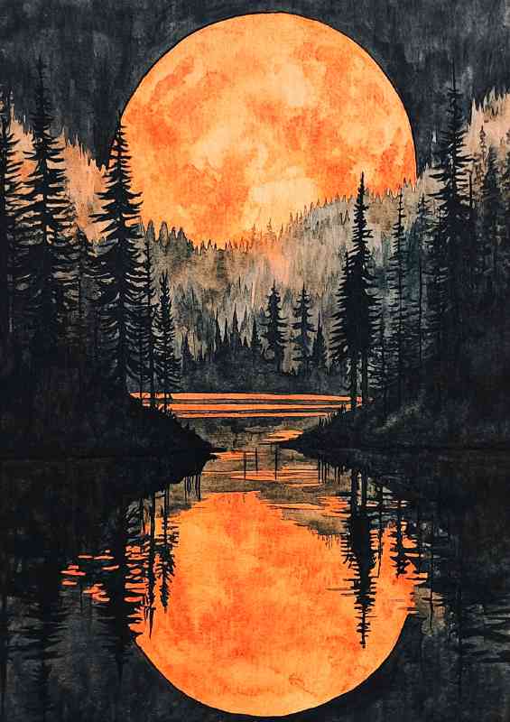 Watercolor painting of the full moon rising over lake | Poster
