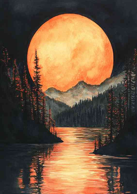 Watercolor painting of the full moon rising over mountains | Di-Bond