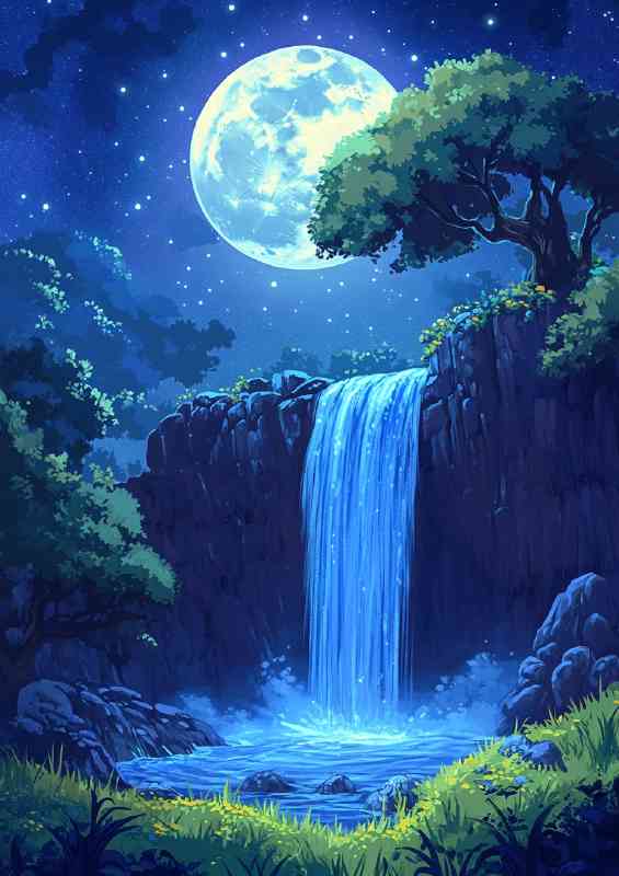 Waterfall in the sky moonlight falling on it | Canvas